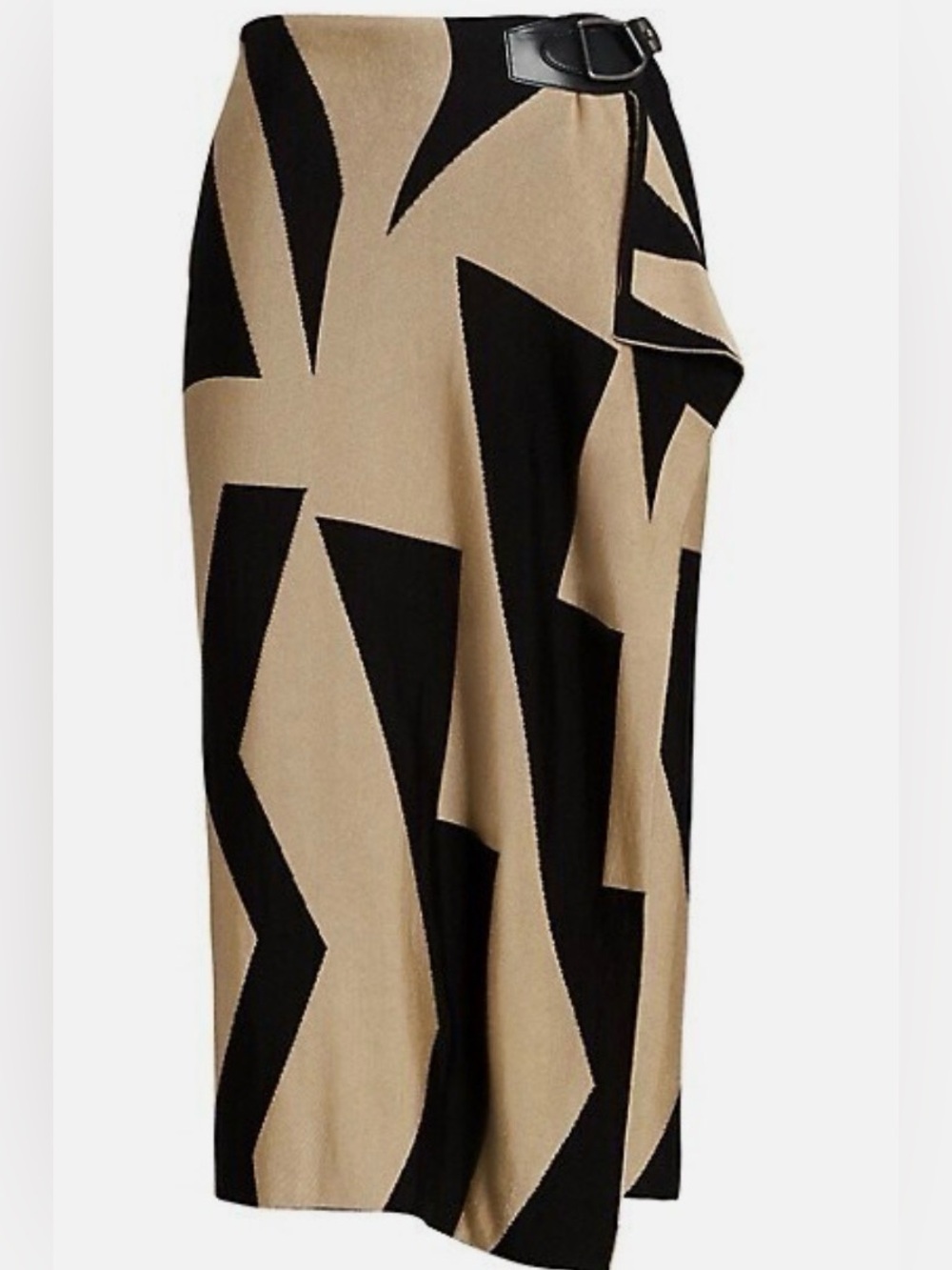 Ralph Lauren Black & Tan Geometric Knit Pencil Wrap Skirt with Belt Accent